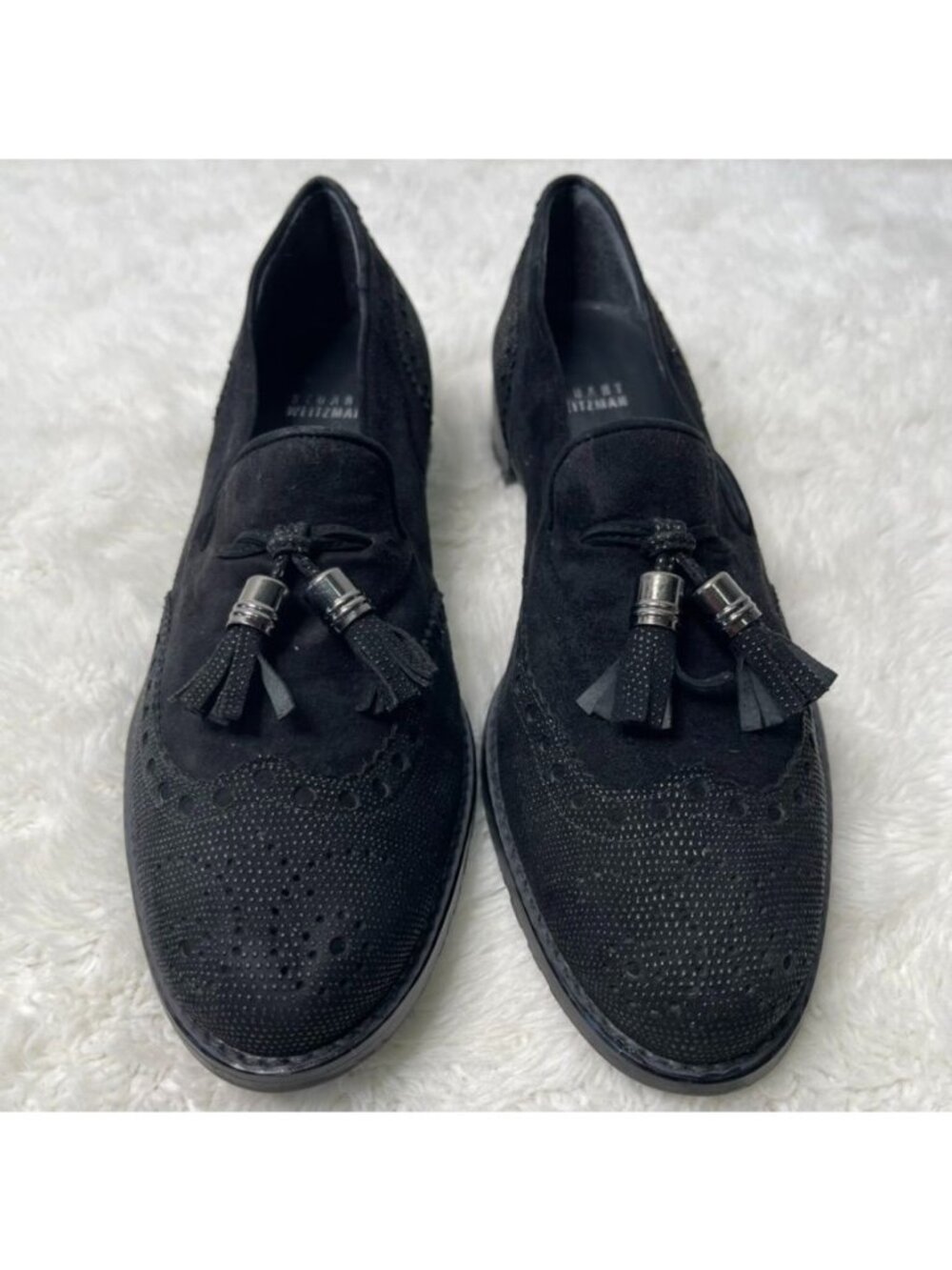 Stuart Weitzman Guything Black Suede Tassel Wingtip Loafers Size 8.5 M Spain